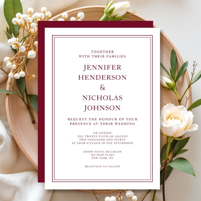 Convites Casamento Vermelho Burgundy Formal Elegante (Elegant Formal Burgundy Red Wedding Invitation)