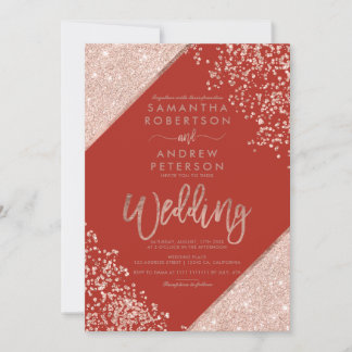 Convites Casamento vermelho chic confete brilho dourado ros