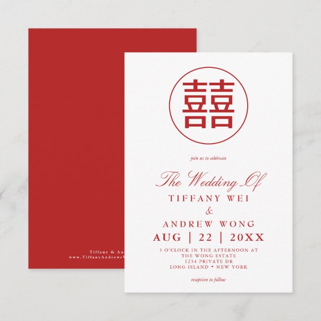 Convites Casamento Vermelho Chinês Branco Elegante de Felic (Frente/Verso)