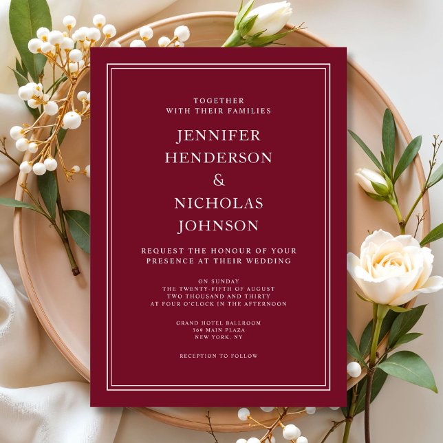 Convites Casamento Vermelho Clássico Elegante Formal Burgun (Classic Elegant Formal Burgundy Red Wedding Invitation)