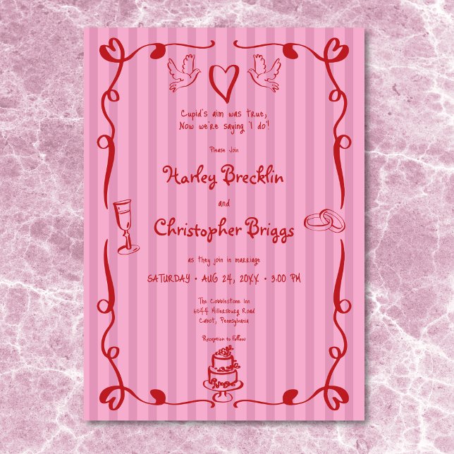 Convites Casamento Vermelho Cor-de-rosa com cruz desenhado  (Whimsical Retro Hand Drawn Stripe Pink Red Wedding Invitation)