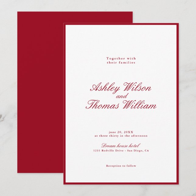 Convites Casamento Vermelho da Caligrafia Moderna (Frente/Verso)