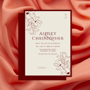 Convites Casamento Vermelho de Crimson Floral de Desenho Mo