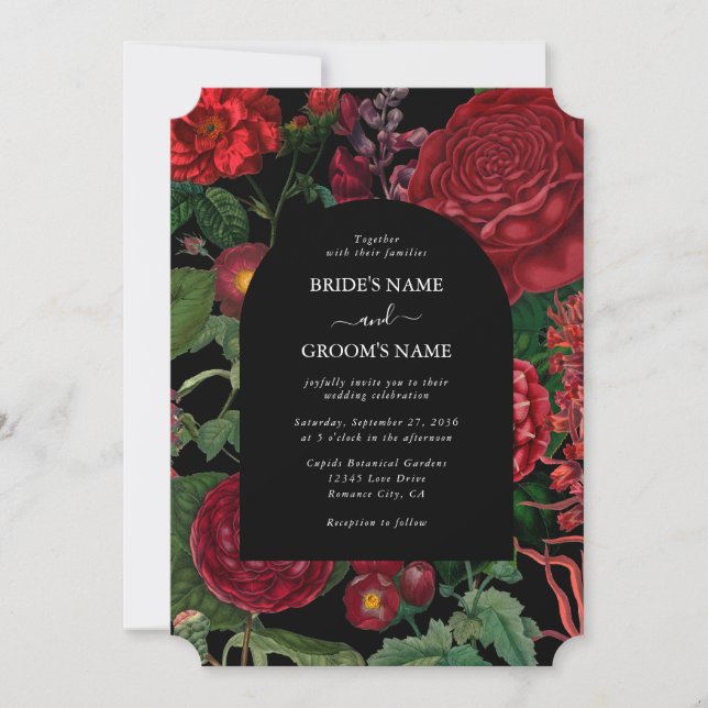 Convites Casamento Vermelho de Moody Florals Black Arch (Frente)
