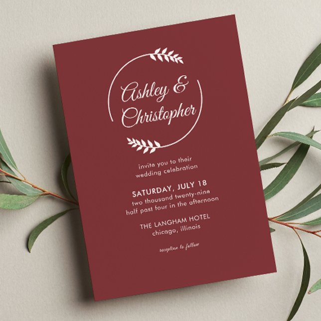Convites Casamento Vermelho de Rosewood, Frame Foliar Moder (Criador carregado)