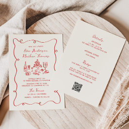 Convites Casamento Vermelho Desenhado à Mão Tudo em Um 