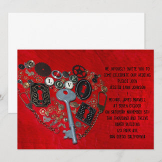 Convites Casamento vermelho do coração de Steampunk