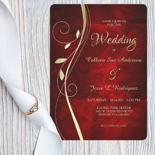Convites Casamento Vermelho Dourado de Leaf Swirl