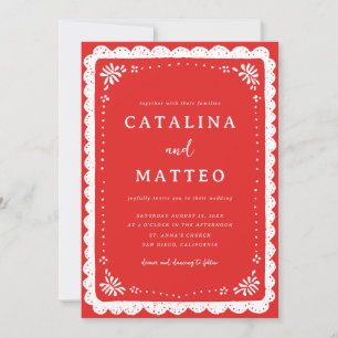 Convites Casamento Vermelho e Branco Boho com Papel Picado 