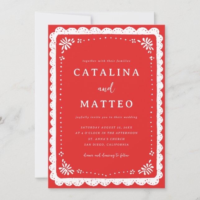 Convites Casamento Vermelho e Branco Boho com Papel Picado  (Frente)