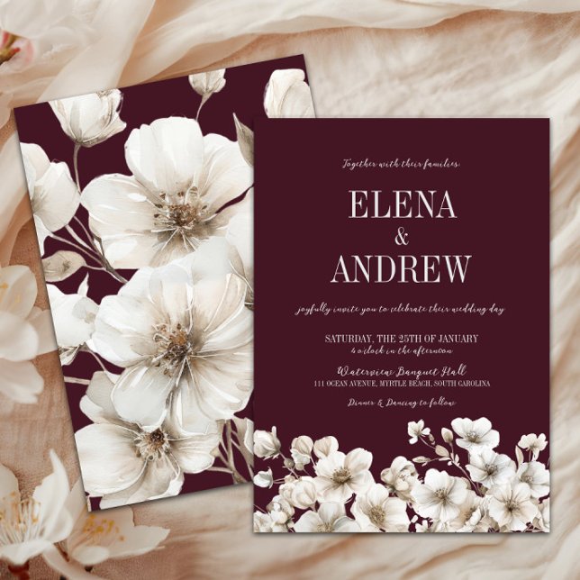 Convites Casamento Vermelho e Branco da Borgonha Floral Ele (Elegant Burgundy & White Floral Wedding Invitation, Winter Wedding, Fall Autumn, Love in Bloom)