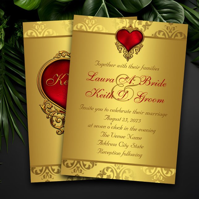 Convites Casamento Vermelho e Dourado (Beautiful red and gold wedding invitation with ornate red and gold heart. Simply add your details.)