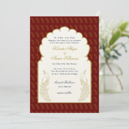 Convites Casamento Vermelho e Dourado de Peacock Indiano