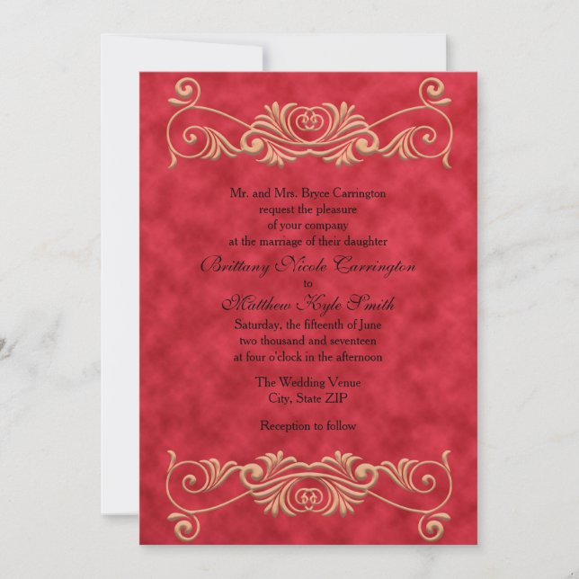 Convites Casamento Vermelho e Dourado Formal Elegante (Frente)