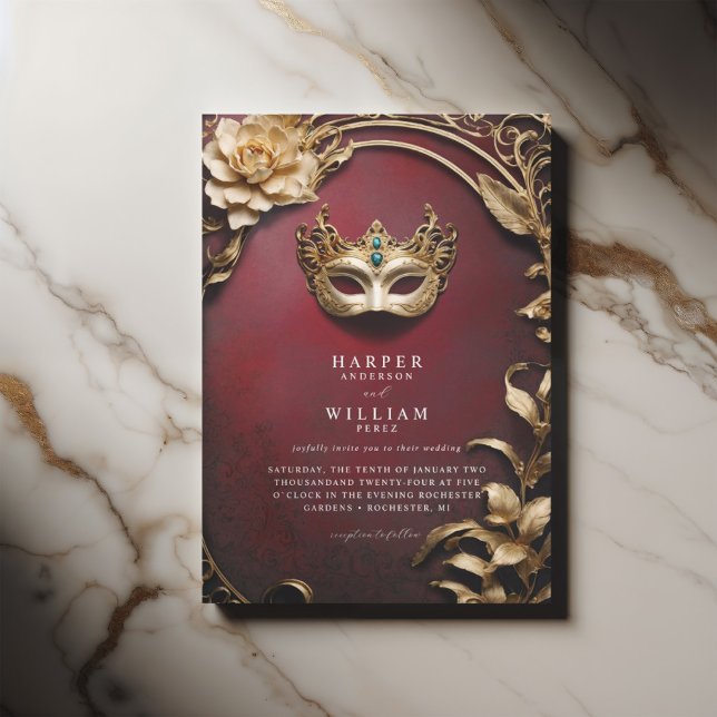 Convites Casamento vermelho e Mascarada de ouro entonado (ornated red wedding masquerade invitation, elegant with a vintage touch)