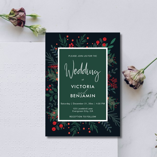 Convites Casamento Vermelho e Verde de Folhagem de Natal El (Elegant Christmas Foliage Red and Green Wedding Invitation)