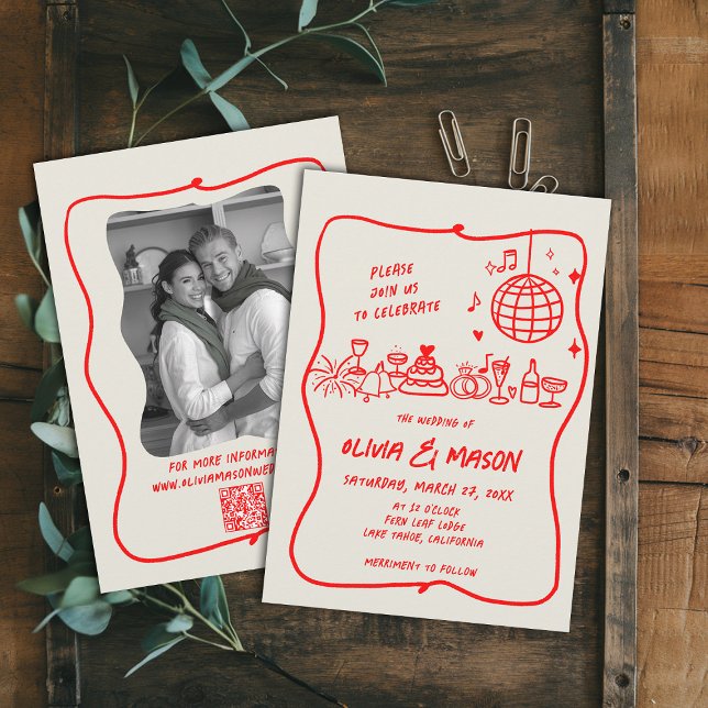 Convites Casamento Vermelho Ecru, Desenho Moderno Desenho À (hand drawn wedding invitation doodle illustration squiggle wavy frame modern funky unique red)