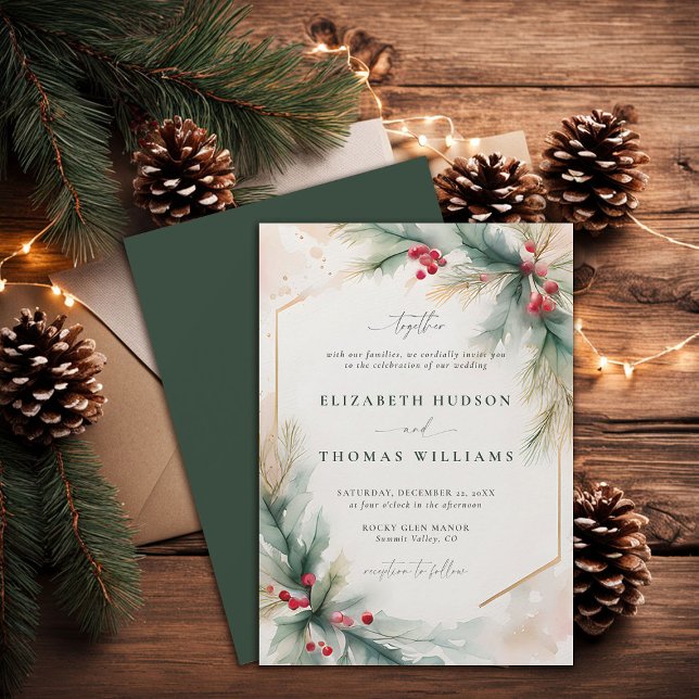 Convites Casamento Vermelho Elegante Vermelho de inverno Ve (winter wedding invitation christmas berries elegant rustic modern classic watercolor calligraphy)