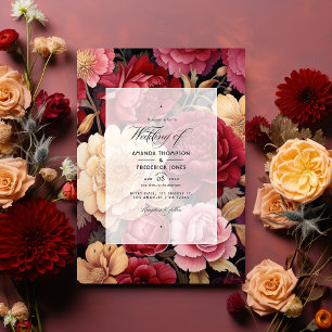 Convites Casamento Vermelho Intenso, Rosa Empolado e Dourad