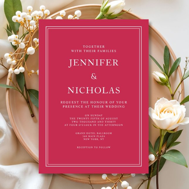 Convites Casamento Vermelho Magenta Clássico Elegante (Elegant Classic Formal Magenta Red Wedding Invitation)