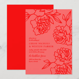 Convites Casamento Vermelho Moderno de Peônias Lápidas