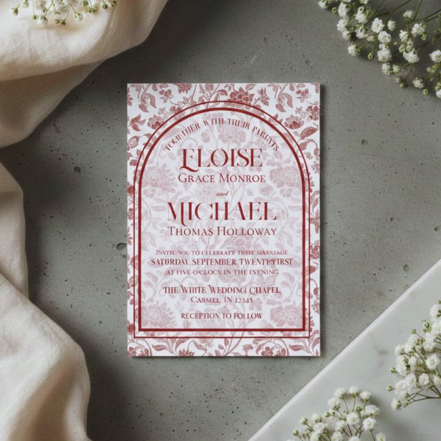 Convites Casamento Vermelho Monograma Floral Elegante Toile (Elegant Floral Toile Script Monogram Red Wedding Invitation)