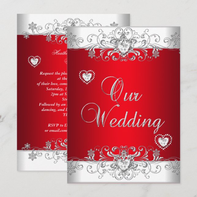 Convites Casamento Vermelho Real Prata Diamante Corações (Frente/Verso)