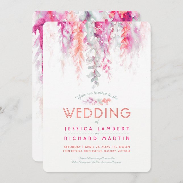 Convites Casamento vermelho-rosa-rosa verde-castanho (Frente/Verso)