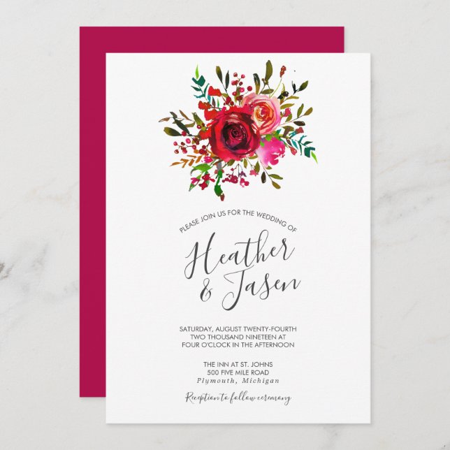 Convites Casamento Vermelho Rosa Ruby Bonito (Frente/Verso)