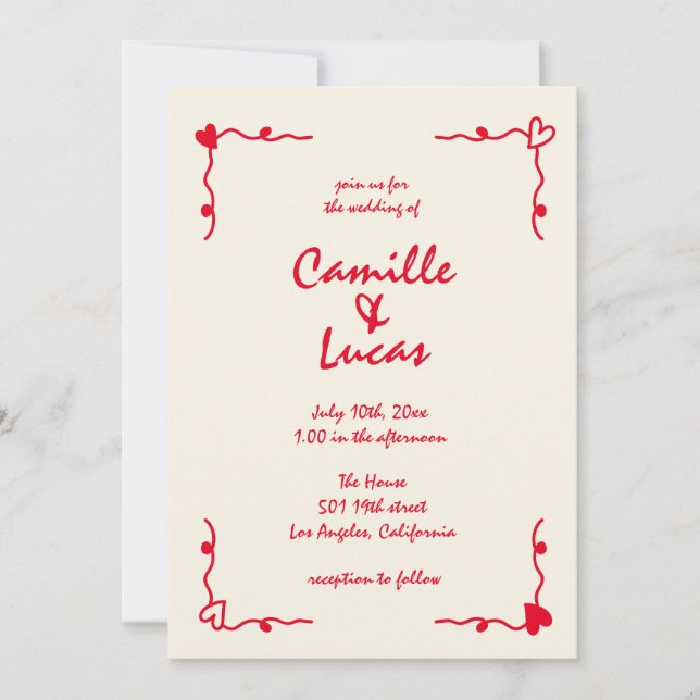 Convites Casamento Vermelho Whimsical Retro Manuscrito (Frente)