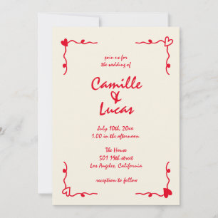 Convites Casamento Vermelho Whimsical Retro Manuscrito