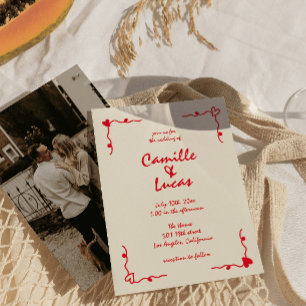 Convites Casamento Vermelho Whimsical Retro Manuscrito