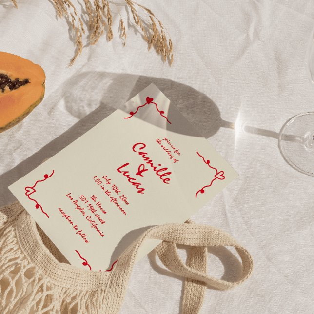 Convites Casamento Vermelho Whimsical Retro Manuscrito (Criador carregado)