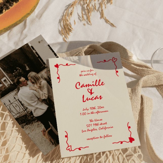 Convites Casamento Vermelho Whimsical Retro Manuscrito (Criador carregado)
