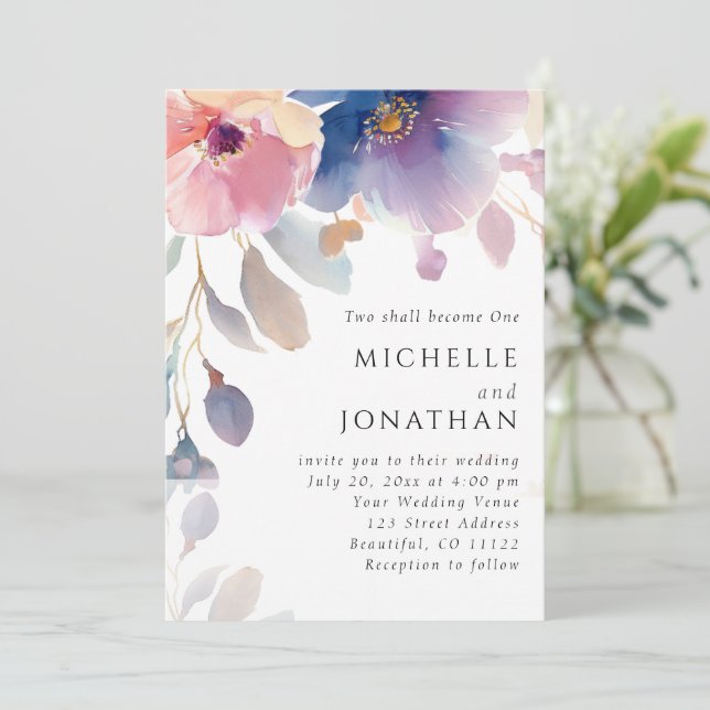 Convites Casamento Verso da Bíblia Cristã Floral de Lavanda (Em pé/Frente)