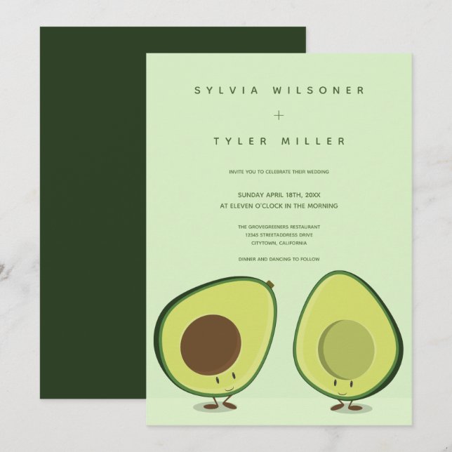 Convites Casamento Vertical Verde Ilustrado de Avocados (Frente/Verso)