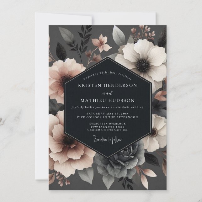 Convites Casamento Vesper Bloom com Rubor de Carvão (Frente)
