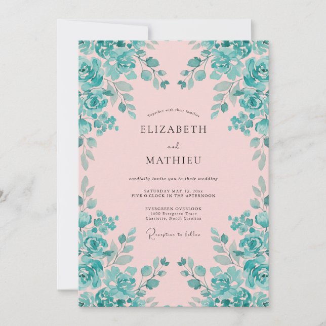 Convites Casamento Vibrante com Aquarela Rosa e Turquesa (Frente)
