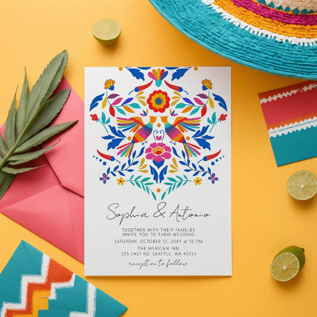 Convites Casamento Vibrante De Aves Mexicanas Otomi Floral  (Vibrant Mexican Birds Otomi Floral Fiesta Wedding Invitation)