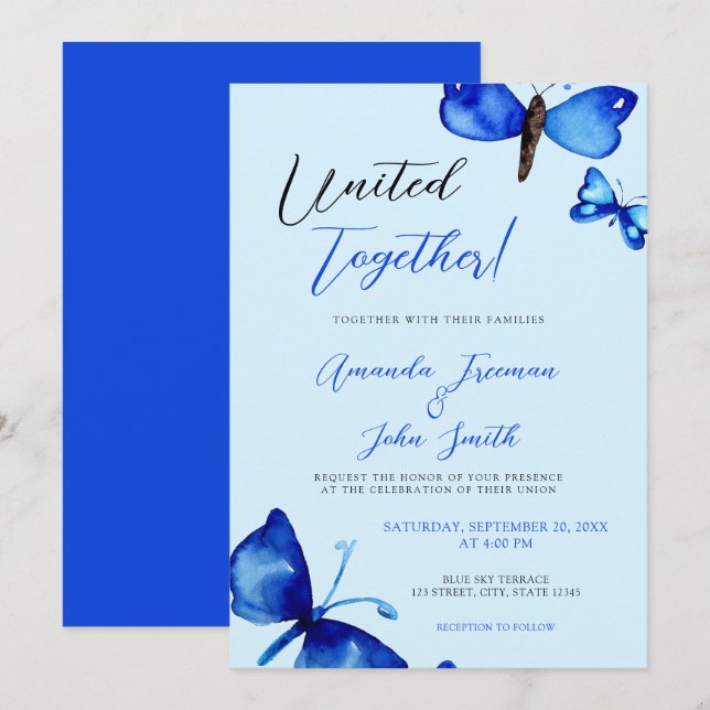 Convites Casamento Vibrante De Borboletas Azuis De Cores Aq (Frente/Verso)
