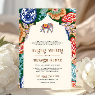 Convites Casamento Vibrante de Elefantes Folclóricos Indian