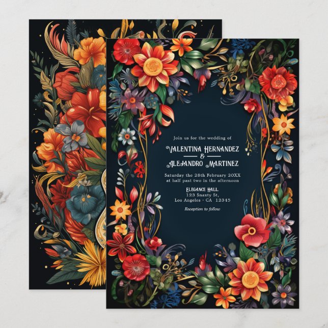 Convites Casamento Vibrante de Floral Fiesta em Aquarela (Frente/Verso)