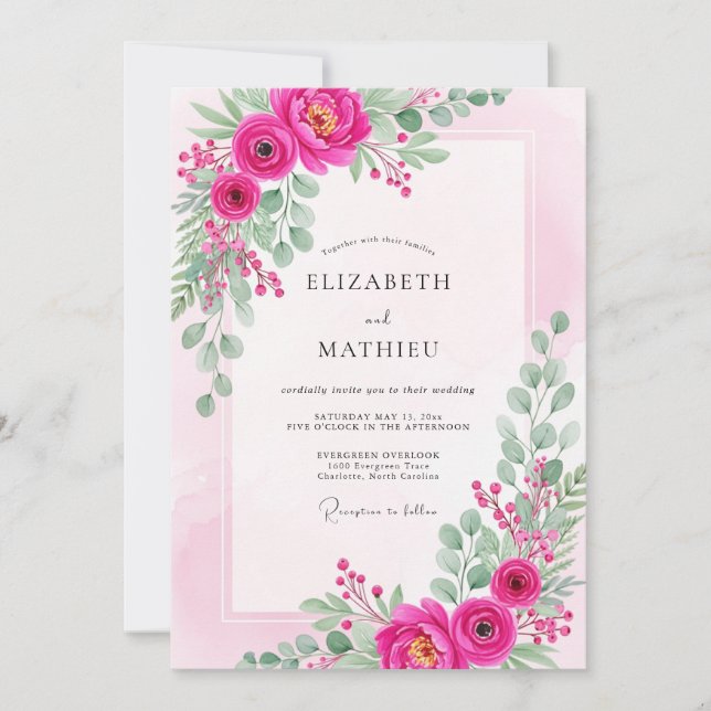 Convites Casamento Vibrante de Magenta na Primavera (Frente)