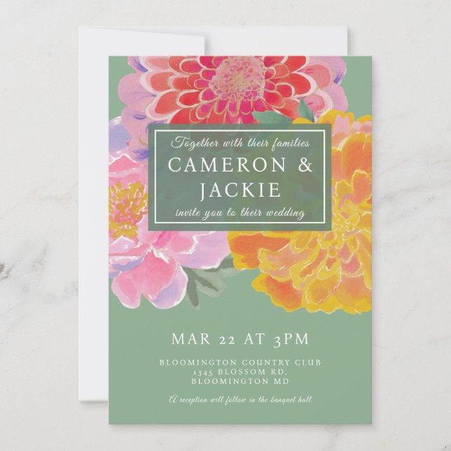 Convites Casamento Vibrante de Marigold e Zinnia (Frente)