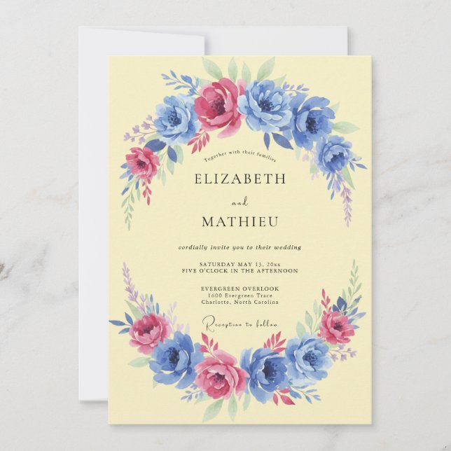 Convites Casamento Vibrante de Primavera Azul Centáurea (Frente)