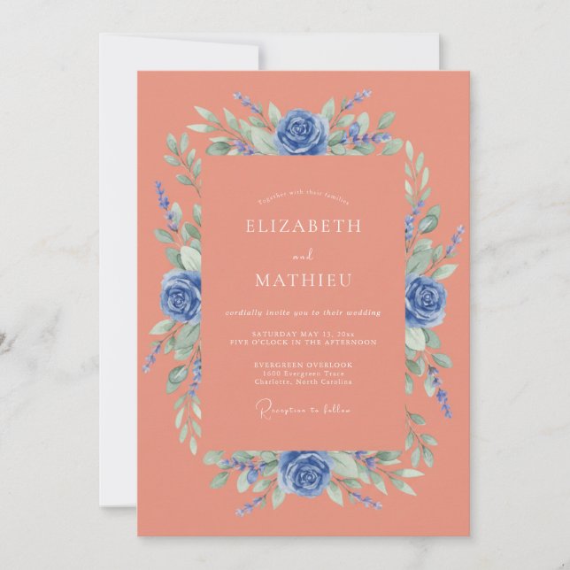 Convites Casamento Vibrante de Primavera Azul Coral (Frente)