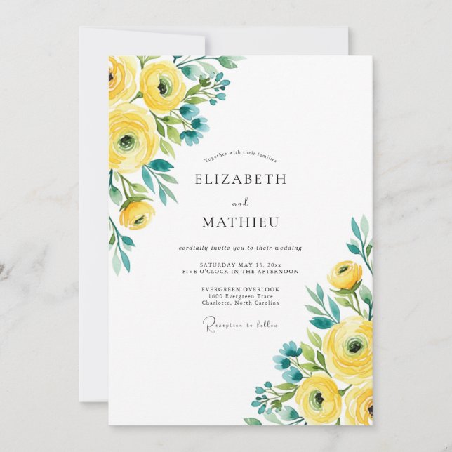 Convites Casamento Vibrante de Primavera com Amarelo e Azul (Frente)