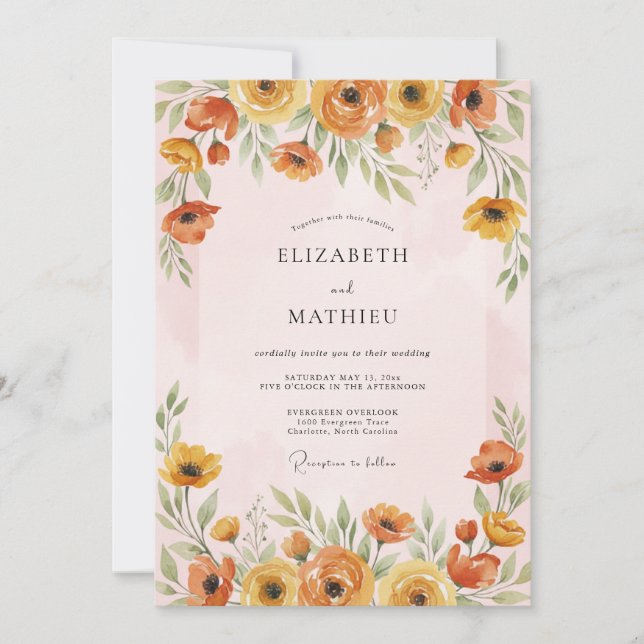 Convites Casamento Vibrante de Primavera com Marigold (Frente)