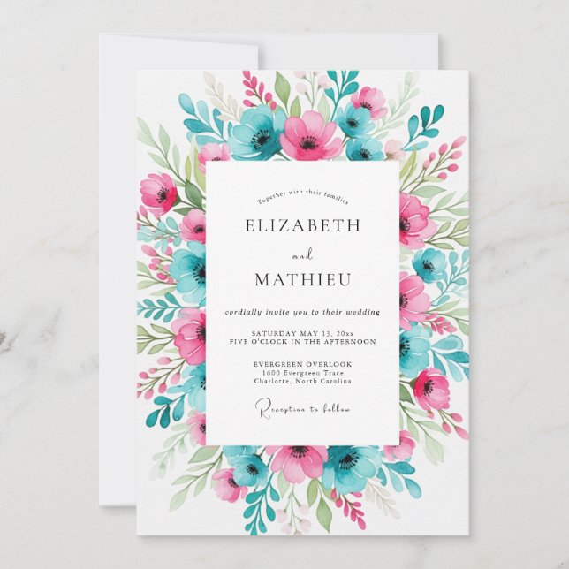 Convites Casamento Vibrante de Primavera com Tons de Teal e (Frente)