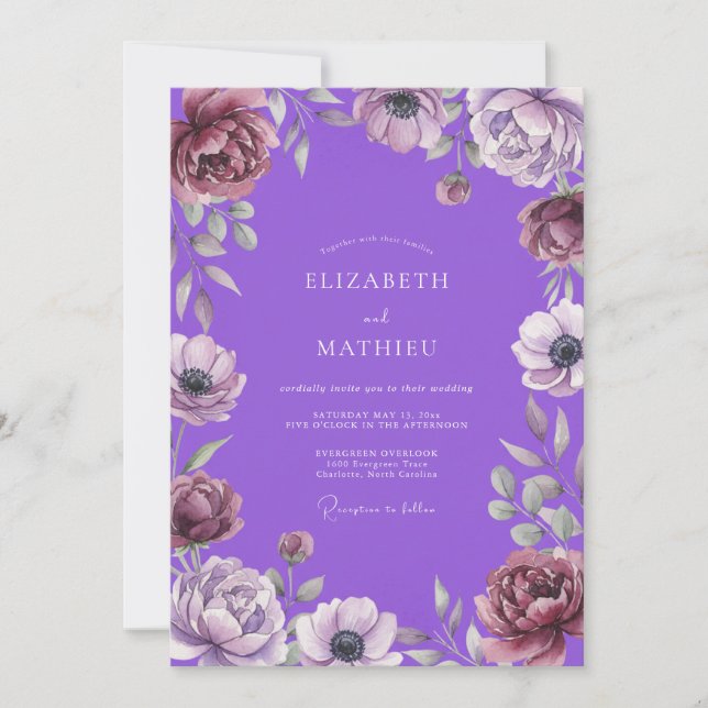 Convites Casamento Vibrante Violeta Anêmona (Frente)